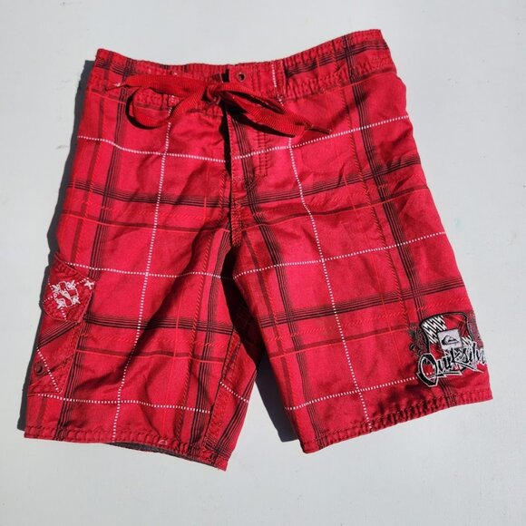 Quicksilver Swim Trunks Size Small S Boy's Swimming Shorts Red Plaid Swimsuit - Picture 1 of 8